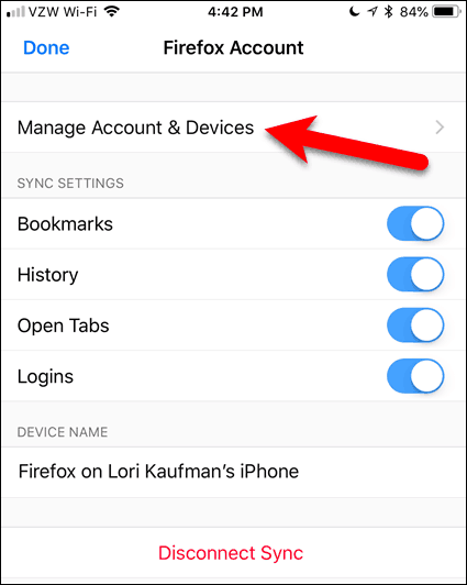 Докоснете Управление на акаунт и устройства в Firefox за iOS