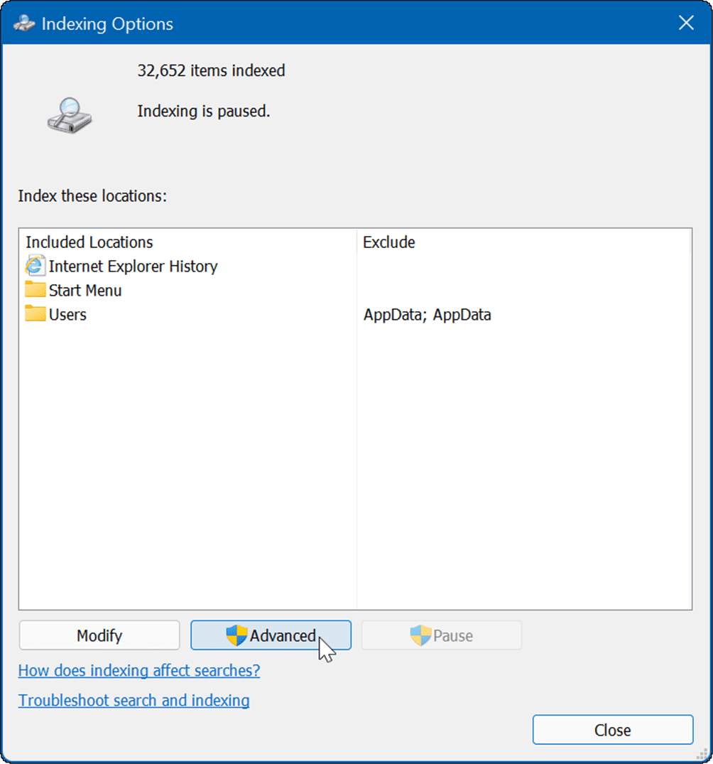 Разширените опции за индексиране скриват файлове и папки от търсене в Windows 11