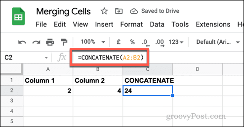Пример за проста формула CONCATENATE в Google Sheets