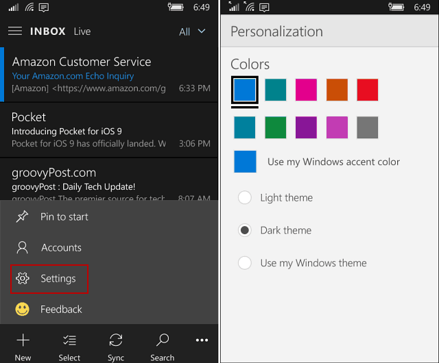 Приложение Outlook Mail и Calendar на Windows 10 Mobile печалби тъмна тема