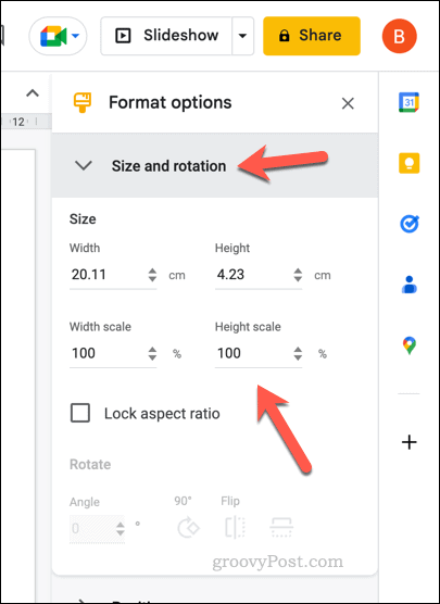 Опции за размер за таблица в Google Презентации