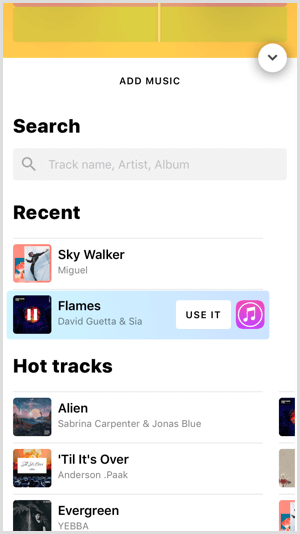 Докоснете Използвайте го, за да добавите музикална песен към вашия проект Hype Type.
