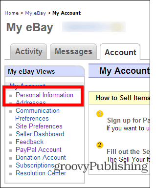eBay промяна на настройките за парола лична информация