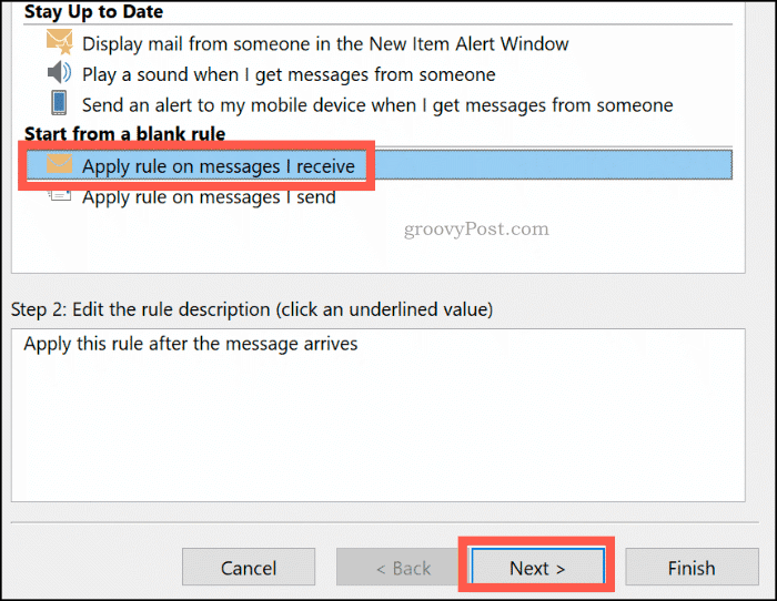 Създаване на празно правило в Outlook