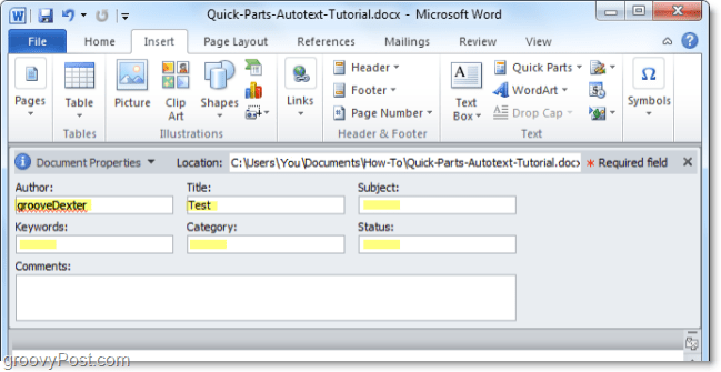 коригирайте свойствата на документа от панела за документи в Word 2010