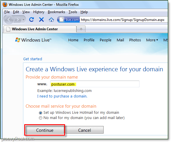 предоставете вашето име на домейн на Windows Live