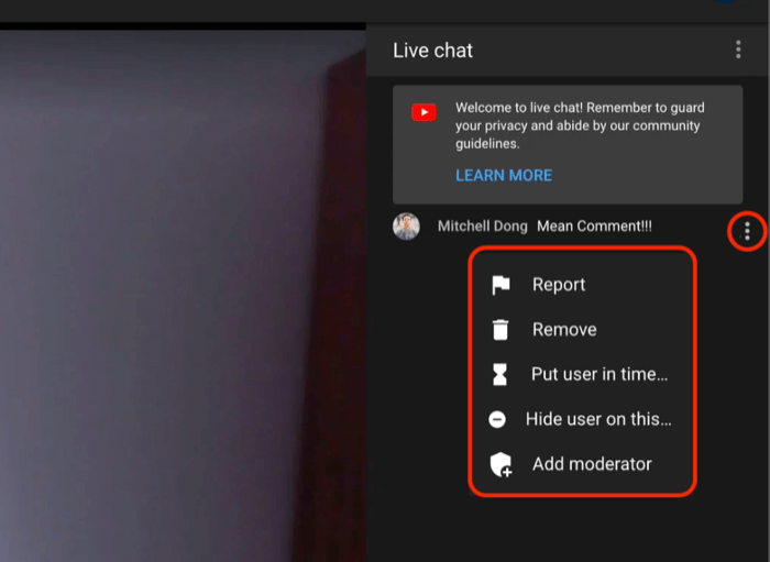опции за модериране на коментари в чат на живо в YouTube, за да докладвате или премахнете коментара, да поставите потребителя в таймаут, да скриете потребителя в канала или да добавите модератор към чата