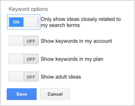 Опции за ключови думи за търсене в Google AdWords Planner за ключови думи
