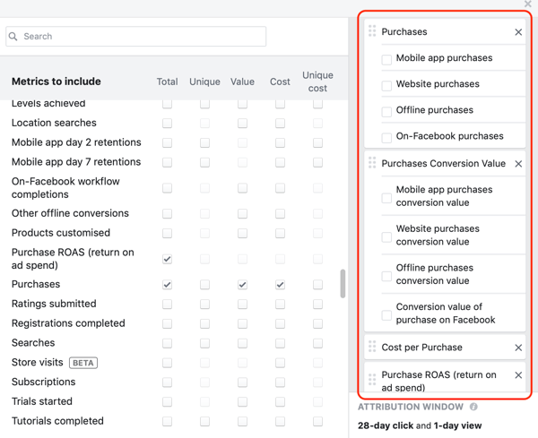 Пример за желани показатели за третата колона на прозореца за създаване на отчети във Facebook Ads Manager.