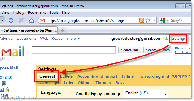 достъп до общите настройки на gmail