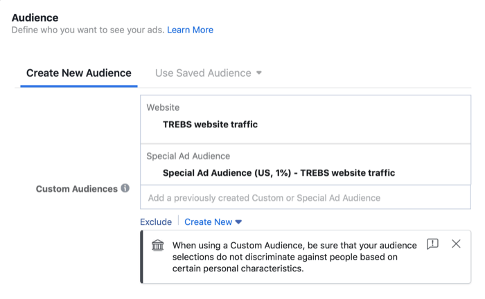специална рекламна аудитория в раздел Аудитория на настройка на кампания във Facebook