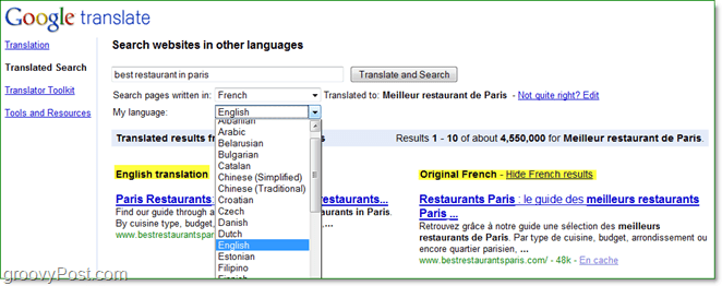 потърсете интернет страници на различни езици и ги прочетете на свой собствен, използвайки преведен serach от Google