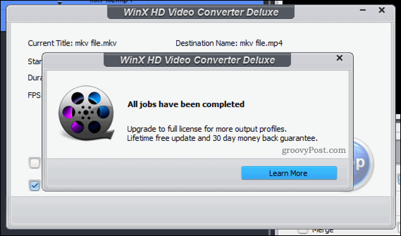 Потвърждение за успешно преобразуване на видео WinX