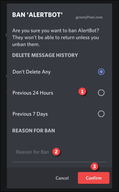 Опции за забрана на потребител на Discord