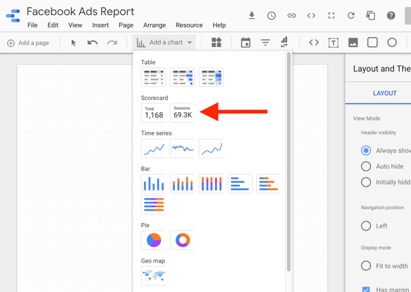 Използвайте Google Data Studio, за да анализирате рекламите си във Facebook, стъпка 8, опция за избор на диаграмата на резултатите в Google Data Studio