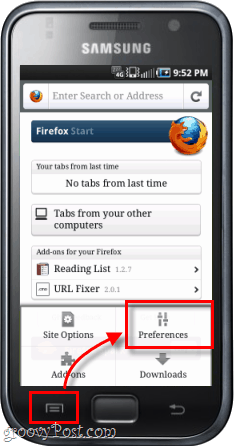 предпочитания на приложението за Android Firefox