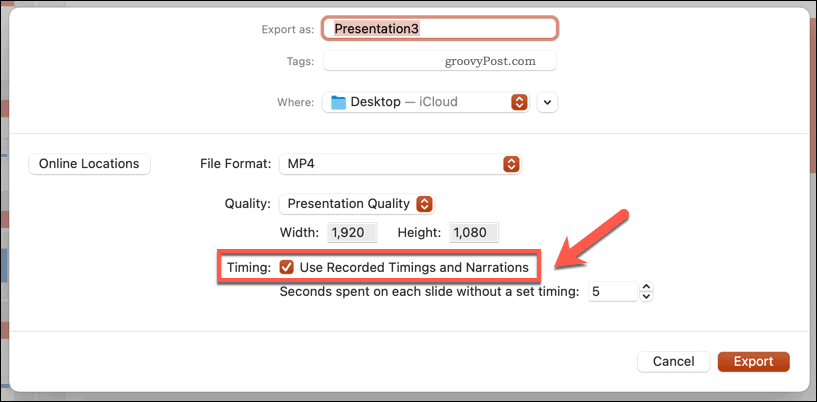 Използване на записани тайминги за експортирано видео в PowerPoint на Mac