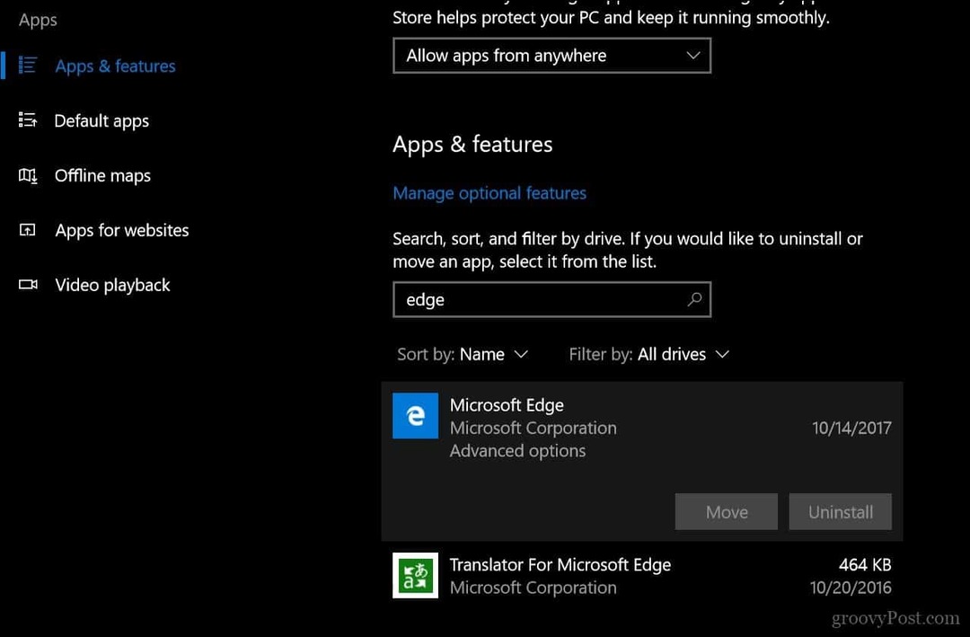 Как да възстановите или поправите уеб браузъра на Microsoft Edge в Windows 10 1709 и по-нови