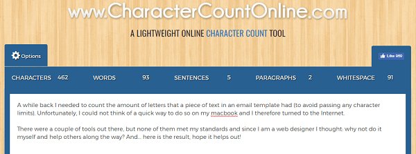 Използвайте CharacterCountOnline.com за преброяване на знаци, думи, абзаци и други.
