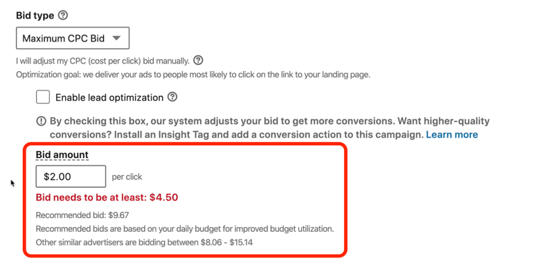 снимка на екрана на съобщението в червено с надпис „Офертата за LinkedIn трябва да бъде поне $ 4,50“