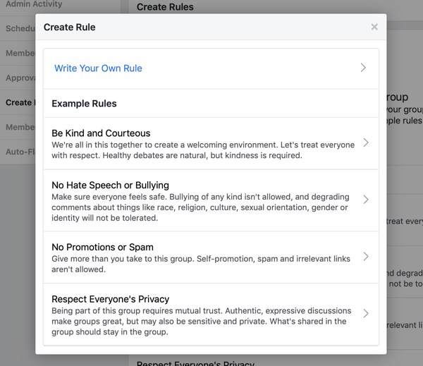 Как да подобрите вашата общност във Facebook група, пример за предварително написани правила за групата във Facebook