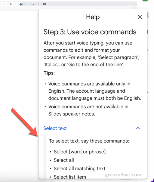 Помощно меню за гласово въвеждане в Google Документи