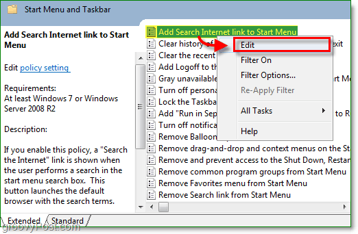 щракнете върху връзката за добавяне на търсене за стартиране на менюто и след това щракнете върху опцията за редактиране от контекстното меню на Windows 7 с десния бутон на мишката