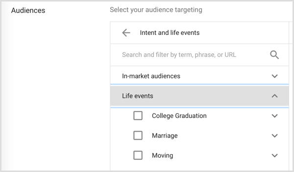 Google Adwords аудитория, насочена към събития от живота