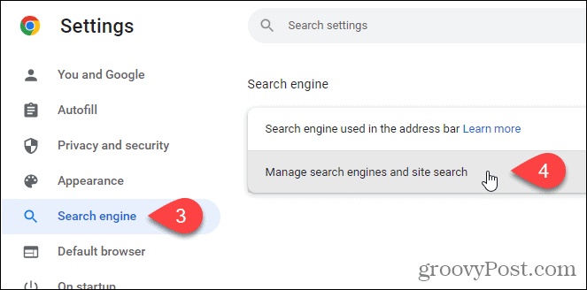Щракнете върху Управление на търсачки и търсене в сайта на екрана на търсачката в Chrome