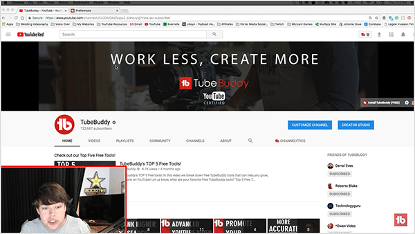 Dusty Porter преминава към скрийнскаст, който го показва в долния ляв ъгъл и по-голямо изображение на екрана на компютъра му, което показва страницата на канала TubeBuddy в YouTube.