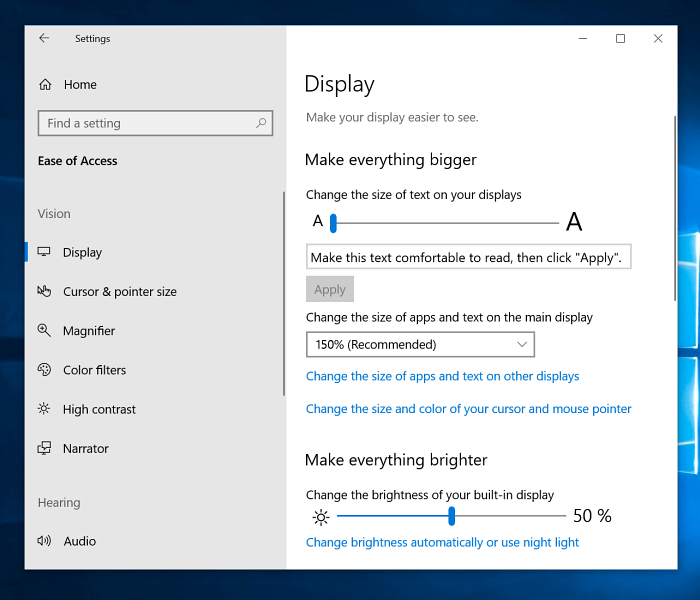 Направете Everythign По-големи настройки за дисплея на Windows 10