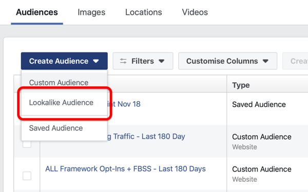 Възможност за създаване на Facebook Lookalike Audience в Create Audience в Facebook Ads Manager.