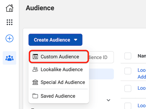 facebook ads manager създайте аудитория с подчертана опция от менюто за персонализирани аудитории