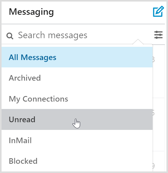 Филтрите за входящи съобщения в LinkedIn включват филтър за непрочетени съобщения.