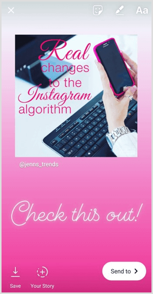 Добавете текст, стикери или други компоненти към повторно споделена публикация във вашата история в Instagram.