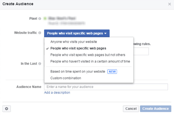 От менюто Трафик на уебсайта изберете кого искате да включите във вашата потребителска аудитория във Facebook.