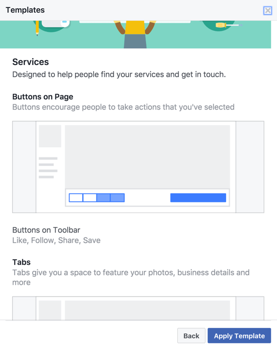 Различните шаблони за страници във Facebook имат различни CTA, бутони на лентата с инструменти и раздели, специално избрани и организирани за типа бизнес.