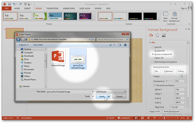 Шаблон за Office 2013 Създайте Направете персонализиран дизайн POTX Персонализирайте ръководството за слайдове за слайдове Как да рисувате Текстура на снимка Попълнете Импортиране на файл в клипборда
