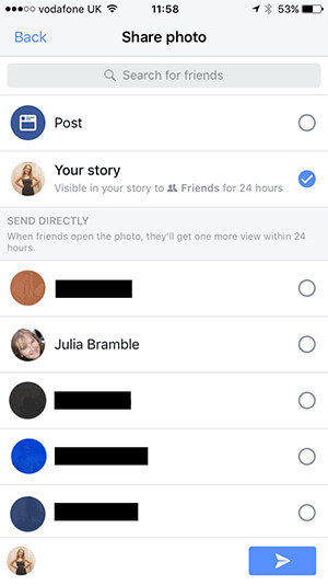 Избор къде да публикувате съдържанието си във Facebook Story.