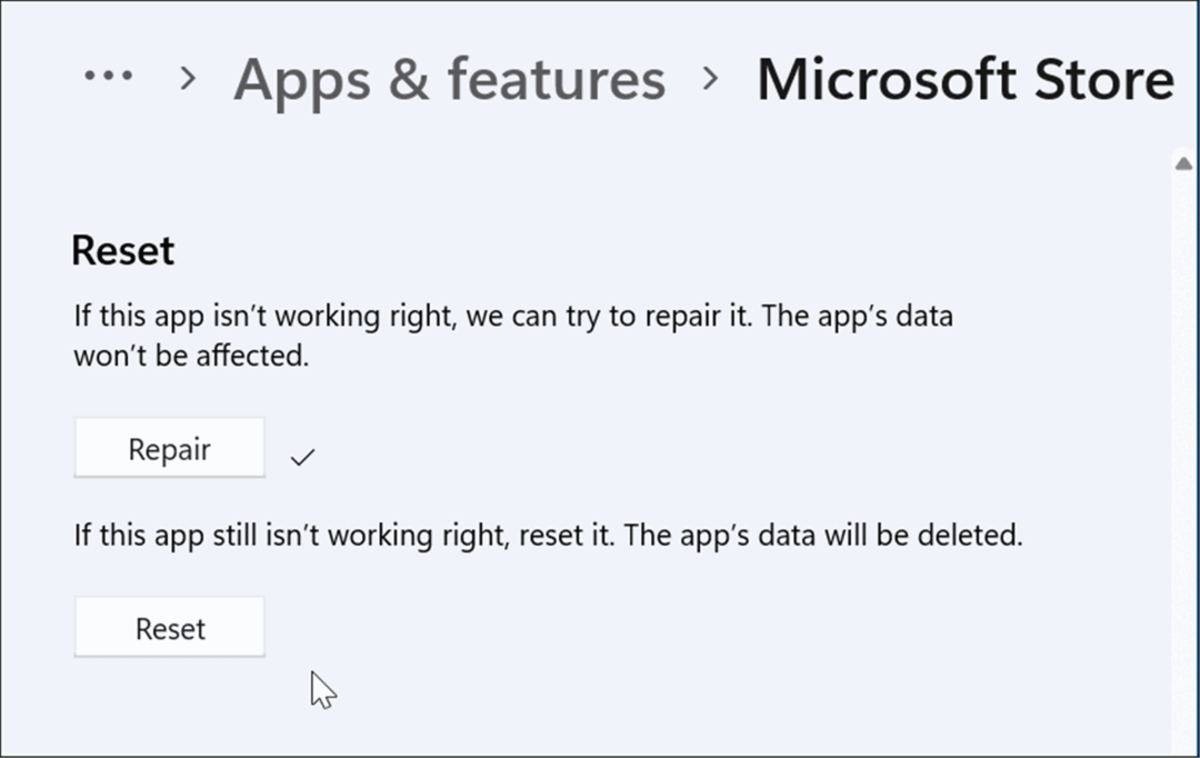 нулиране или ремонт на приложението microsoft store не работи на Windows 11
