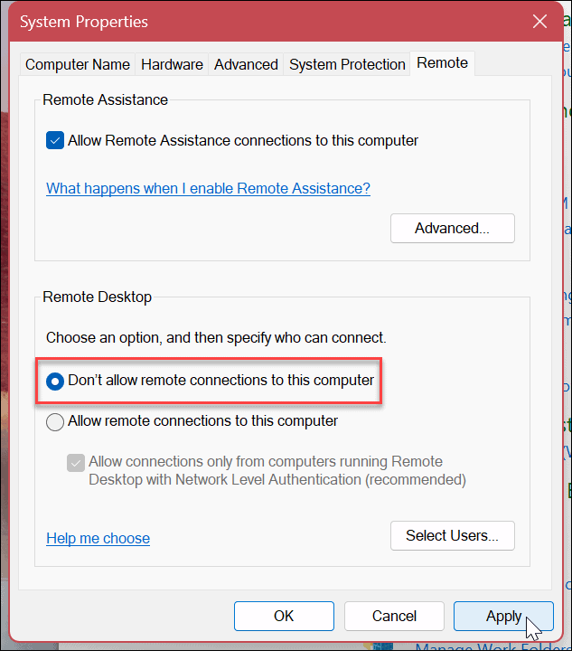 Деактивирайте отдалечения работен плот в Windows 11