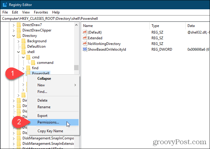 Изберете Разрешения за ключа Powershell в редактора на системния регистър на Windows