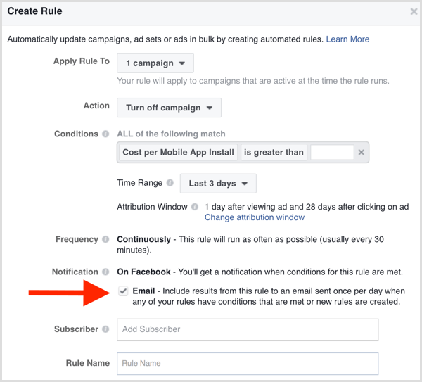 Facebook Ads Manager автоматизирано известие по имейл за правило