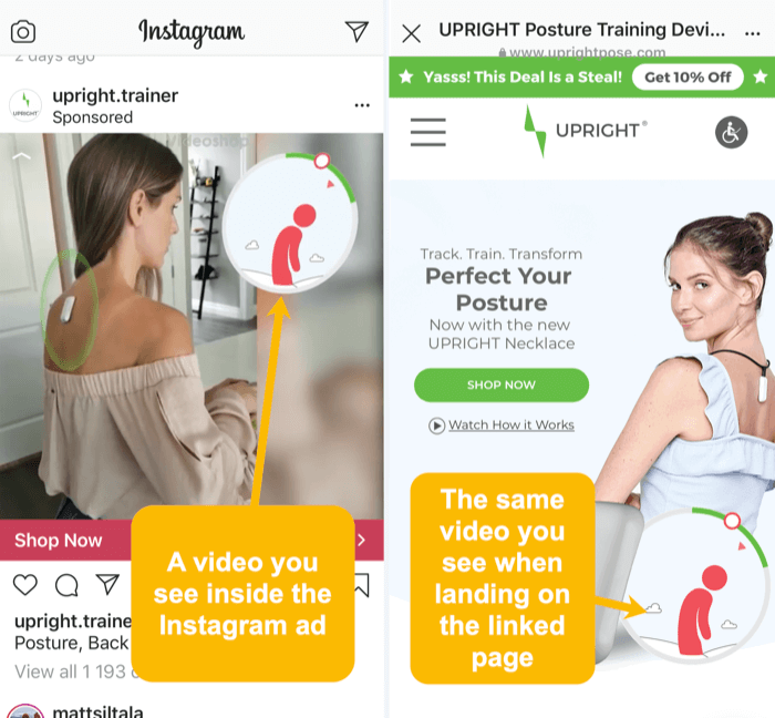 едни и същи видео и визуални елементи в Instagram реклама и свързана целева страница