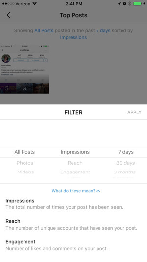 филтър за статистически данни за бизнес профил в instagram