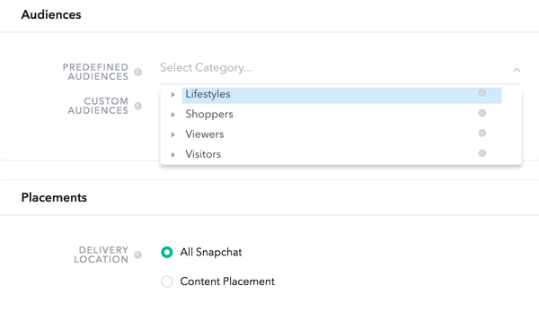 Snapchat ви позволява да избирате аудитории от четири предварително дефинирани категории.
