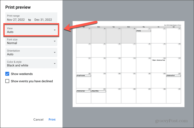 настройка за изглед на календар в Google
