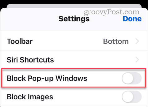 Опция за блокиране на изскачащи прозорци в iPhone Firefox Settings