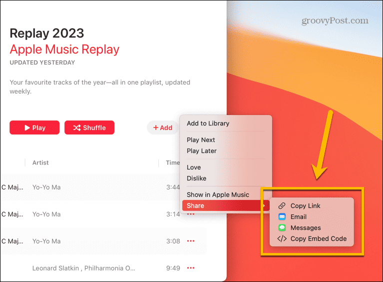 опции за споделяне на музика на Apple