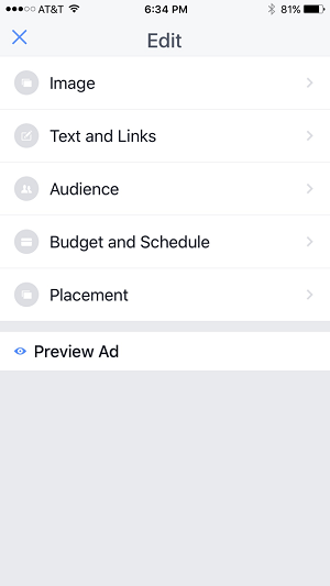 редактиране на опции за рекламна кампания в приложението facebook pages manager